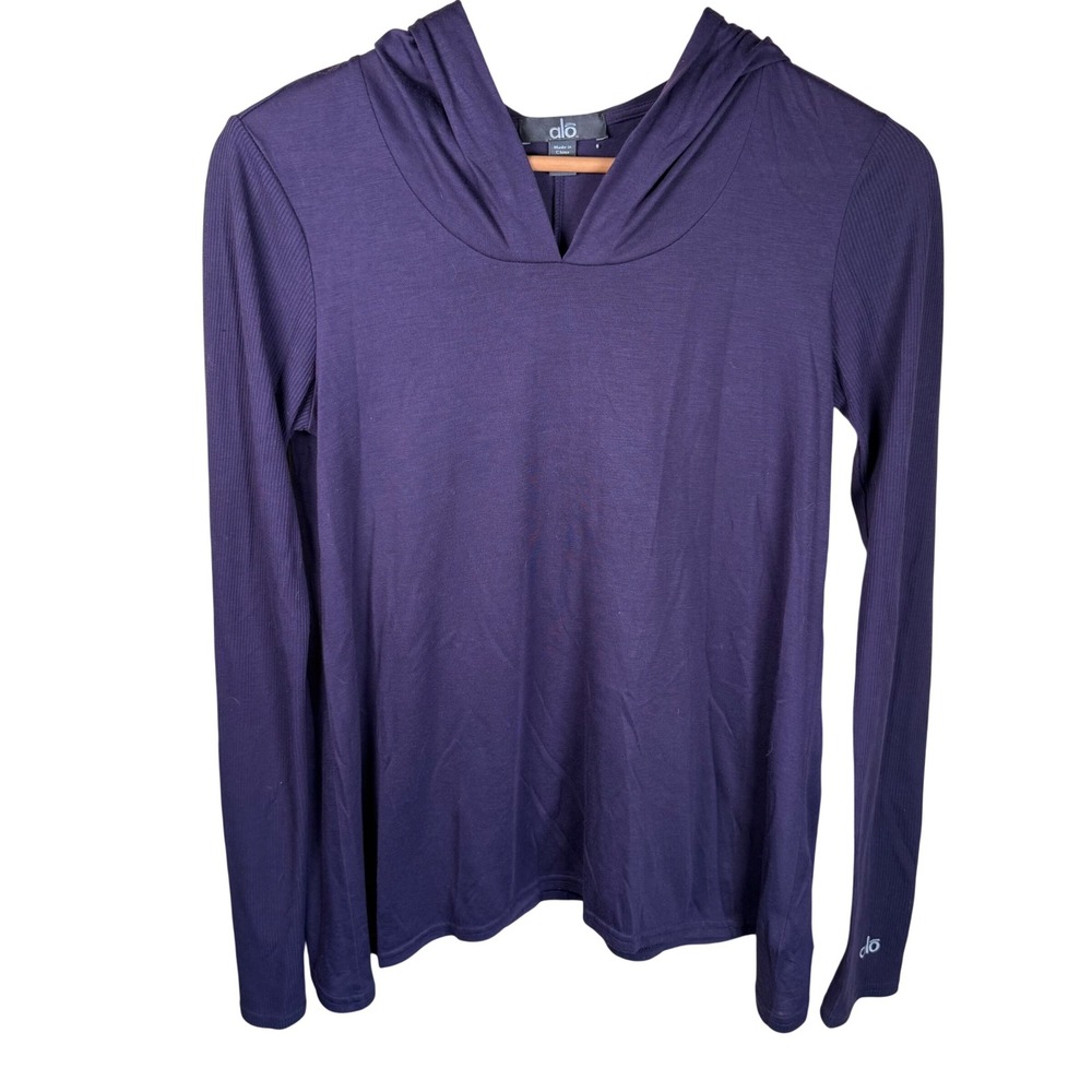 Alo Yoga Hooded‎ Top Women Medium Purple Ribbed Sleeve Lightweight Athleisure